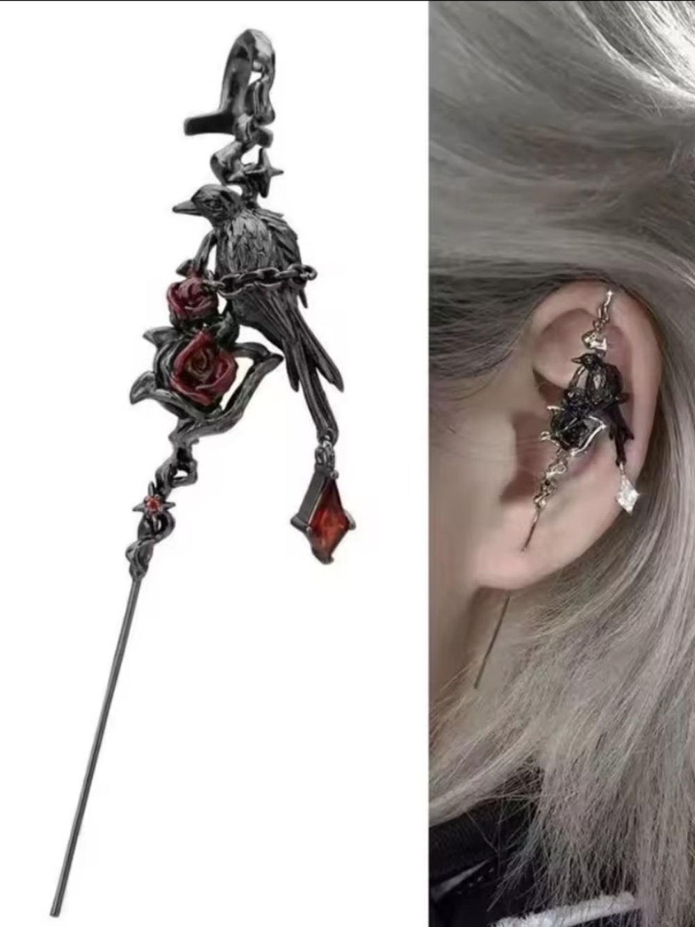 Raven & Rose Ear Cuff with Red Accent - Women Jewelry Earrings